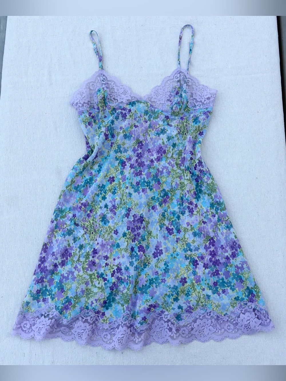 Victoria's Secret Lavender Floral Lace Trim Mini Slip Dress, Coquette Babydoll